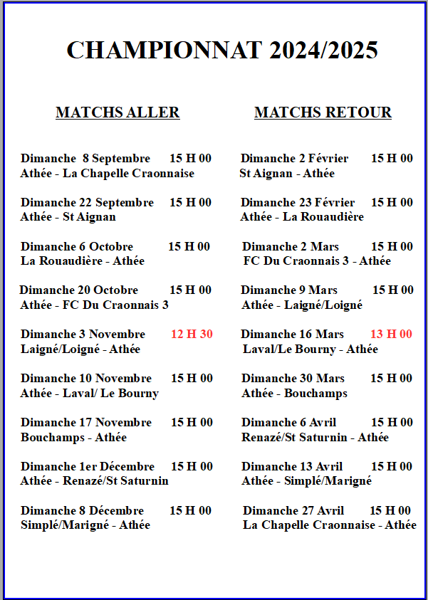 Calendrier championnat 2024 2025